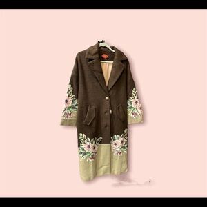 Dark Forest Green Flower Print Wool Coat